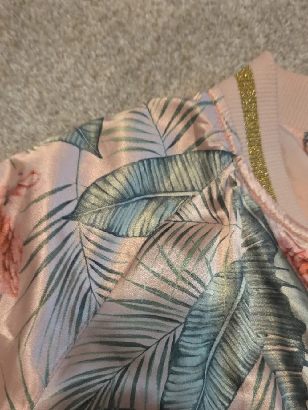 H&M Pink Satin Tropical Leaf & Flamingo Bomber Jacket
